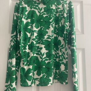 J. Crew White and Green Floral Long Sleeve Turtleneck